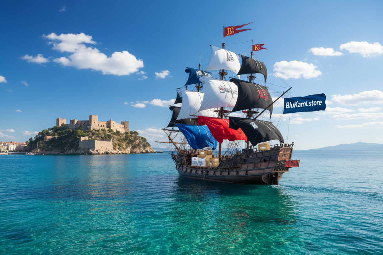 Un galeon español entrando a el Puerto de Málaga con el castillo de Gibralfaro al fondo y como velas tendría la forma de camiseta de manga corta y sudaderas las aguas son cristalinas y el día soleado con nubes bonitas de algodón en cubierta del galeón hay cajas y envoltorios de plastico que contienen camisetas para repartir a nuestros clientes. un bandera principal con la leyenda BluKami.store y en el banderín del mastil una B y una K en dorado